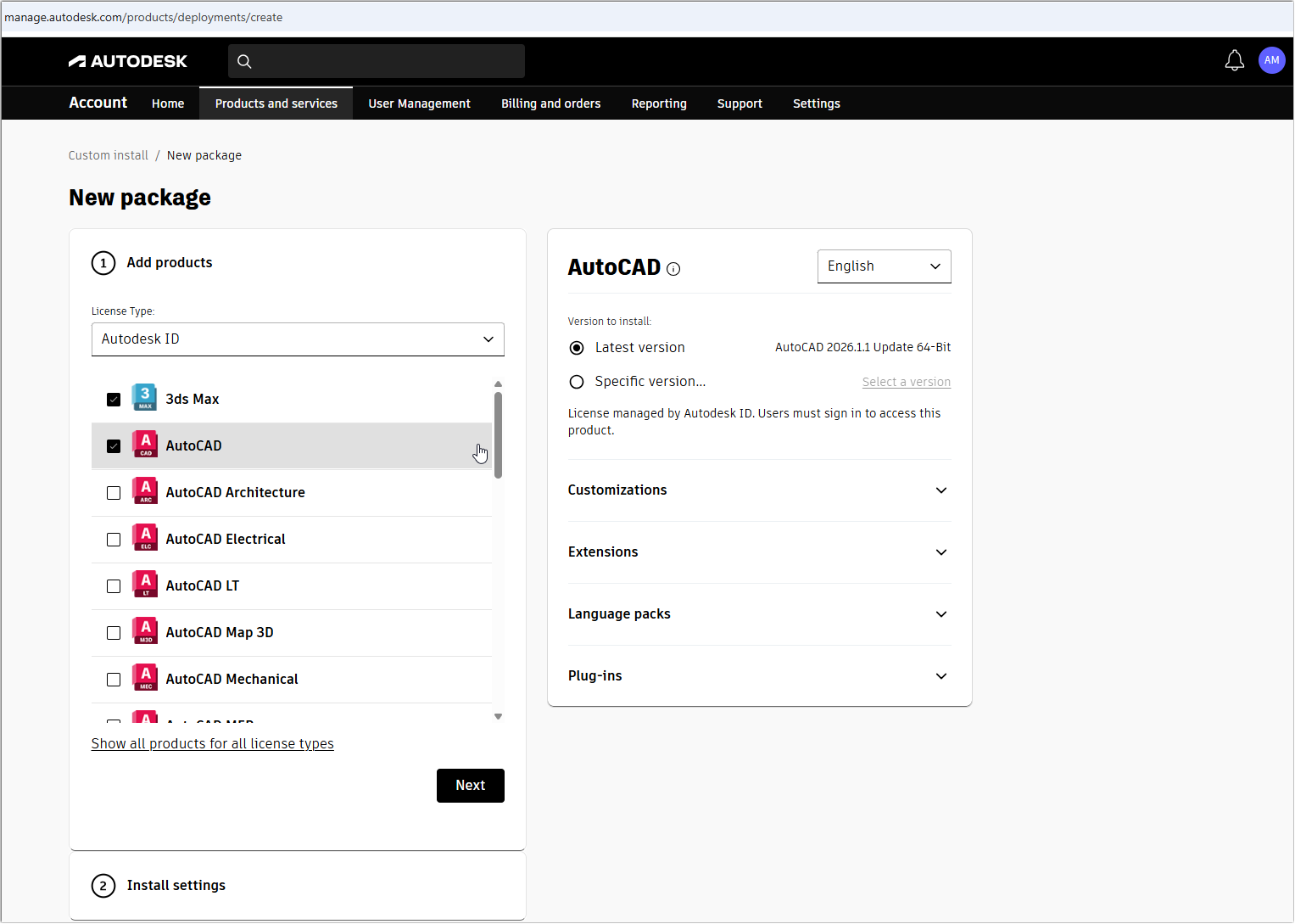 Autodesk deployment page showing product selection for new package.