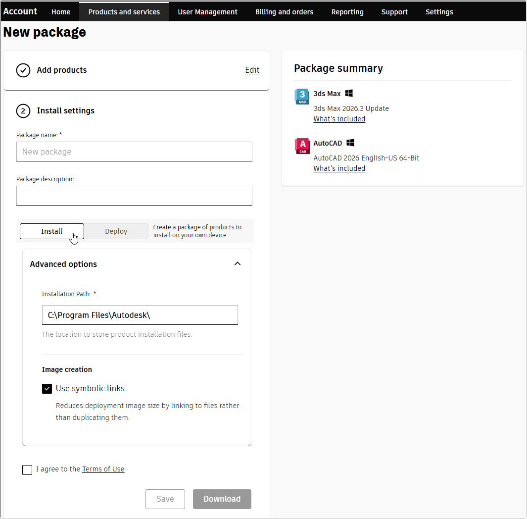 New package creation screen showing install settings.