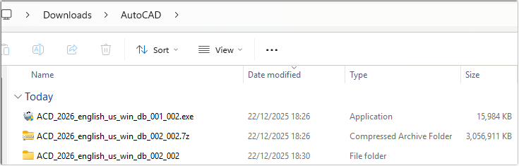Windows File Explorer displaying AutoCAD download with multiple parts