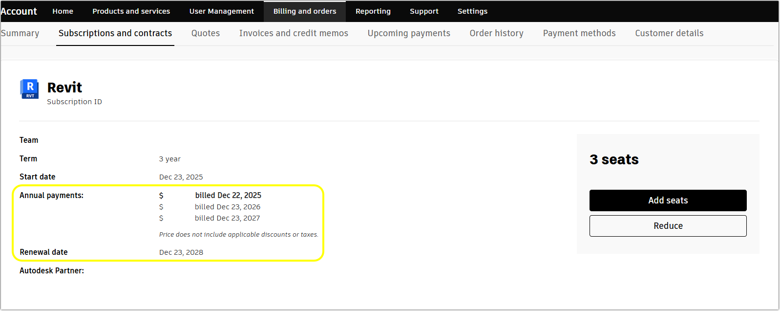 Autodesk account page displaying 3-year subscription with annual payment details highlighted.