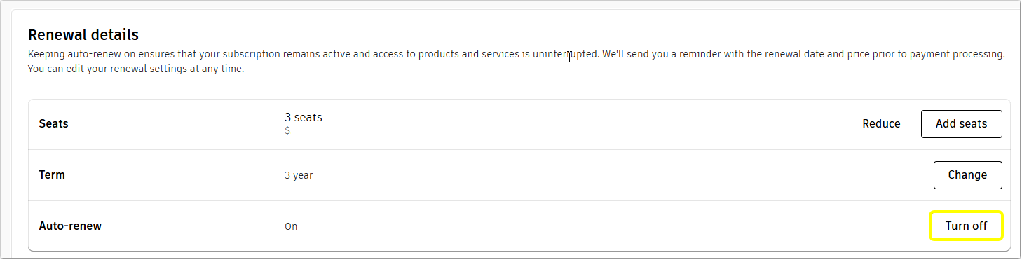 Section of Autodesk account page displaying option to turn off auto-renewal highlighted.