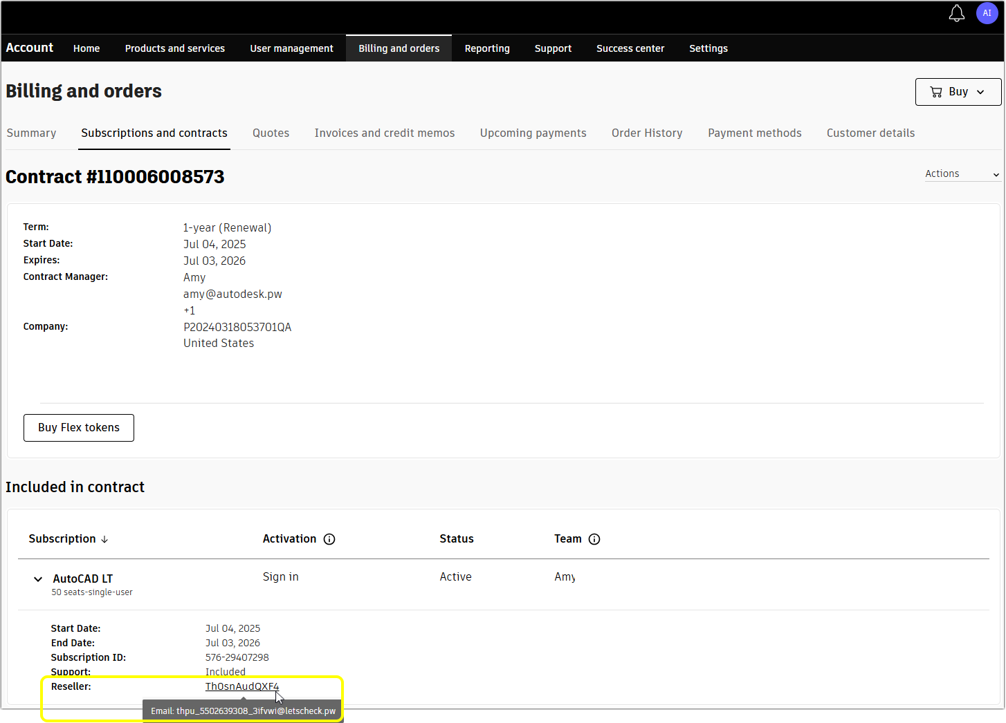 Contract summary showing expanded product line with reseller email highlighted.