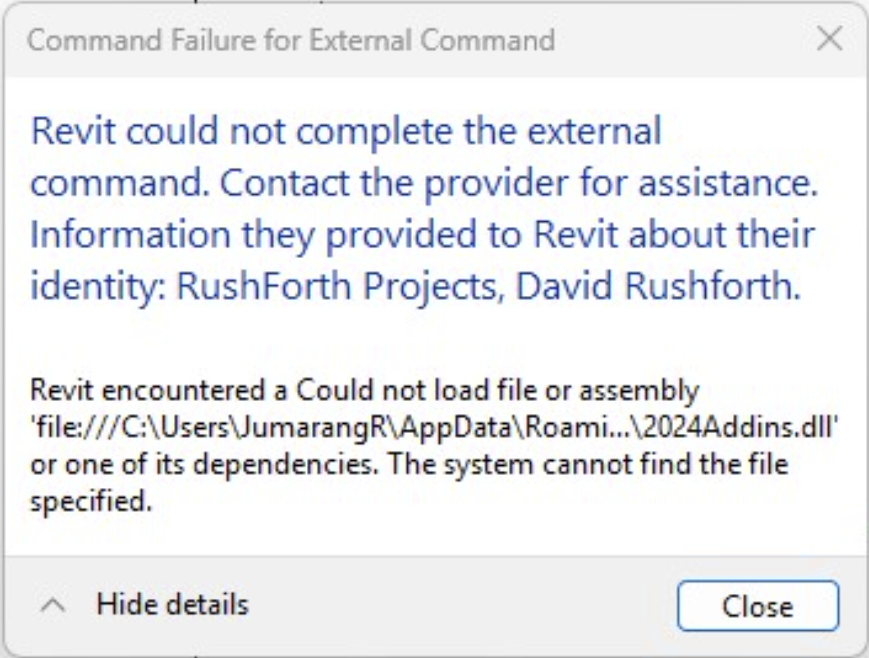 Unable to load the RushForth adding for Revit