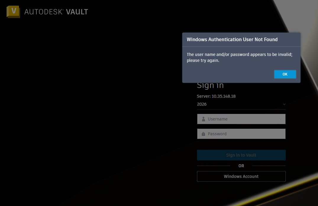 Vault へのサインイン時に「ユーザー名またはパスワードが無効の