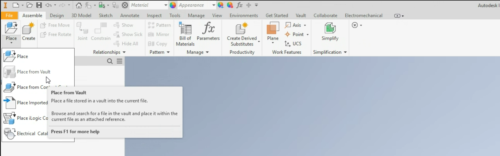 Place from Vault option is grayed out in Inventor