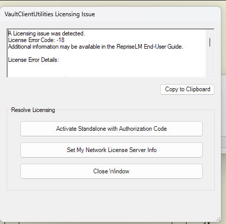 Error code -18 VaultClientUtilties Licensing Issue when working in Vault