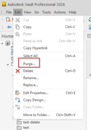 vault edit menu showing purge command
