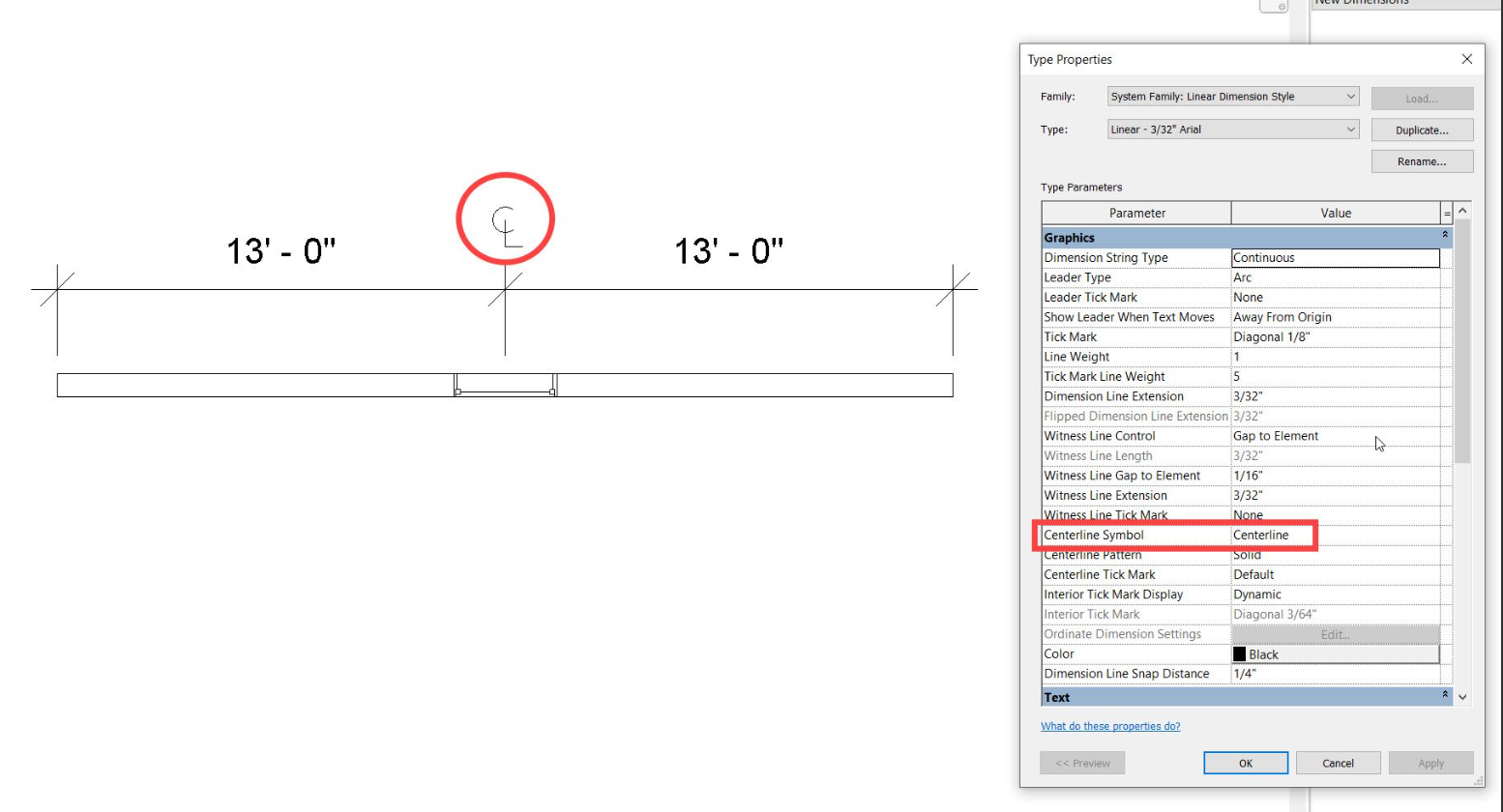 How to hide centerline CL symbol from dimensions in Revit