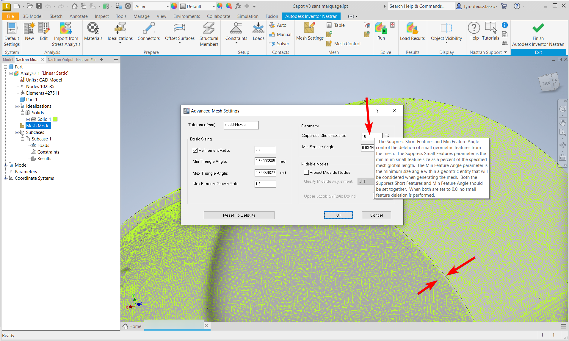 Meshing fails for smaller mesh element sizes in Inventor Nastran