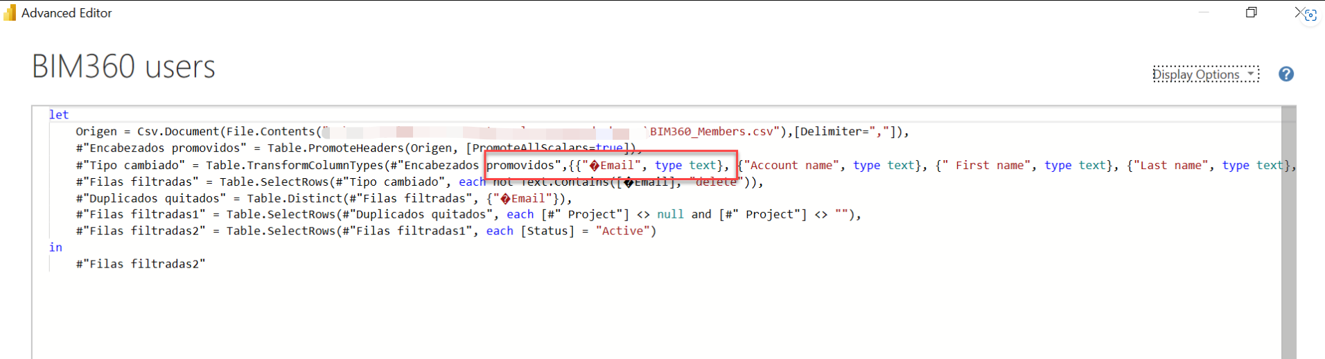 When using BIM360_Members.csv file shows, "?" in email type in ACC Power BI