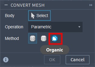 How to access the Organic Mesh Conversion feature in Autodesk Fusion