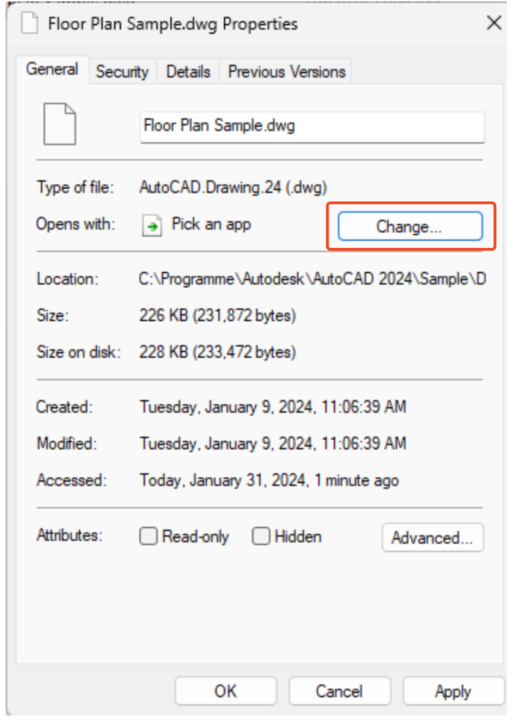 Change Opens with... button in the FIle properties dialog in AutoCAD