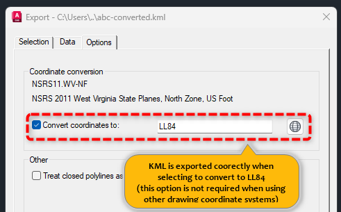 KML로 MAPEXPORT 내보낼 때 잘못된 위도 AutoCAD Map 3D 및 Civil 3D의 긴 좌표