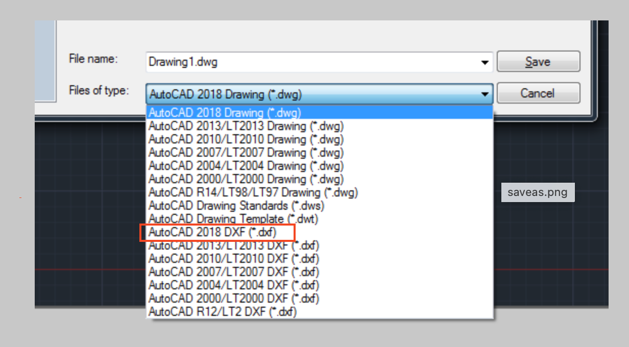 Save an AutoCAD drawing file to DXF file format. 