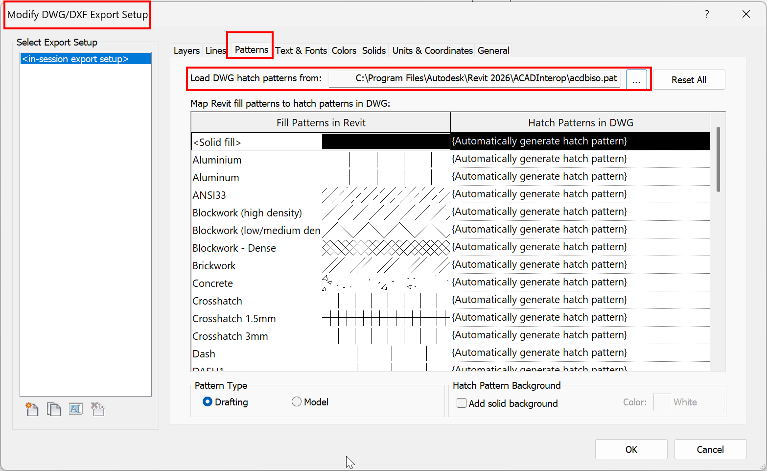 Export DWG options for Patterns - Path