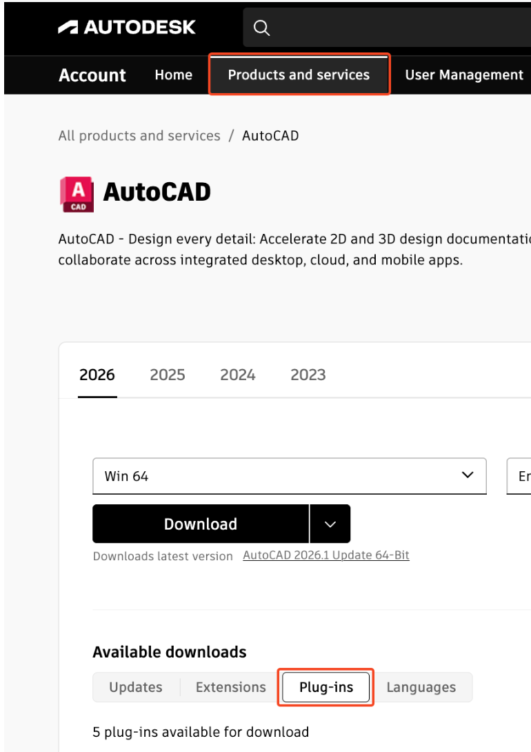 Autodesk Account, Products and Services, Plug-in downloads. 