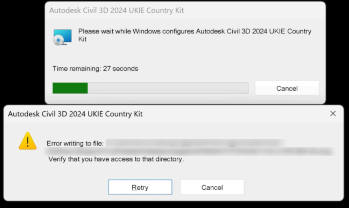 "Error writing to file" when installing a Country Kit for Civil 3D
