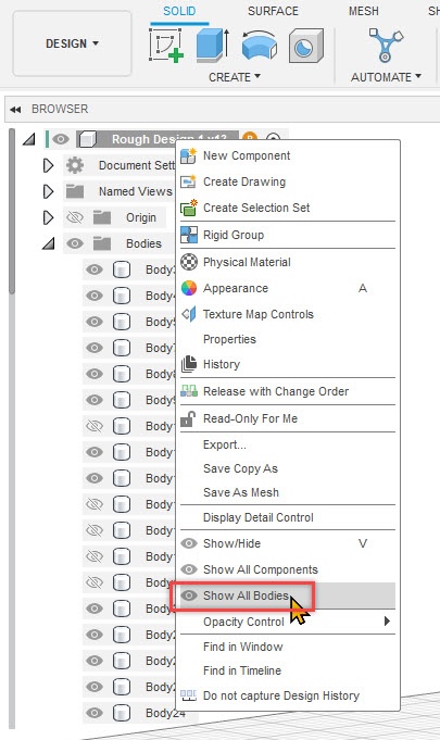 ボディ、スケッチ、またはコンポーネントが Fusion で表示されない