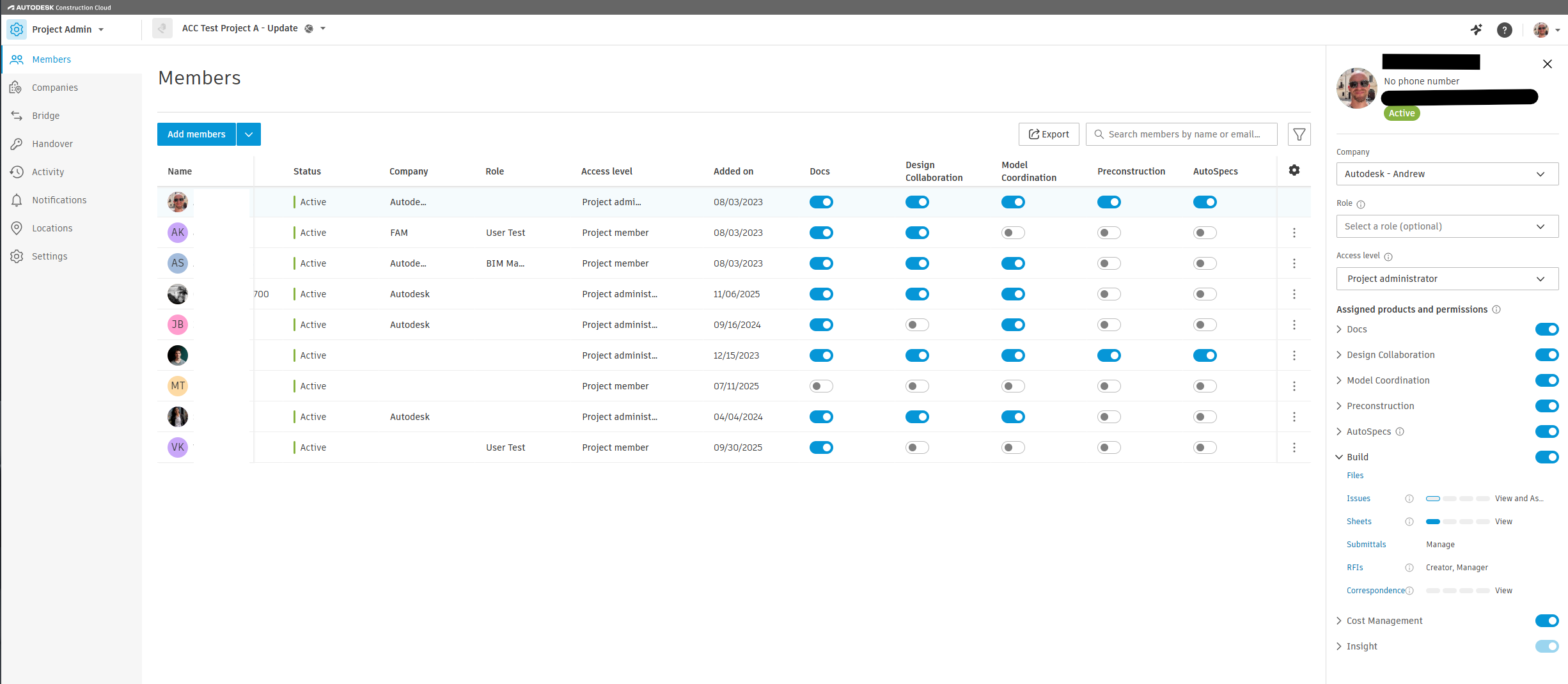 How can I see which products and modules are assigned in an ACC project