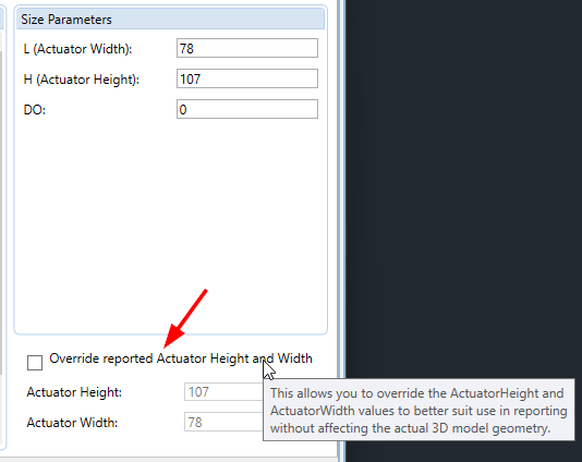 アクチュエータの高さと幅を上書き]オプションが、AutoCAD Plant 3D