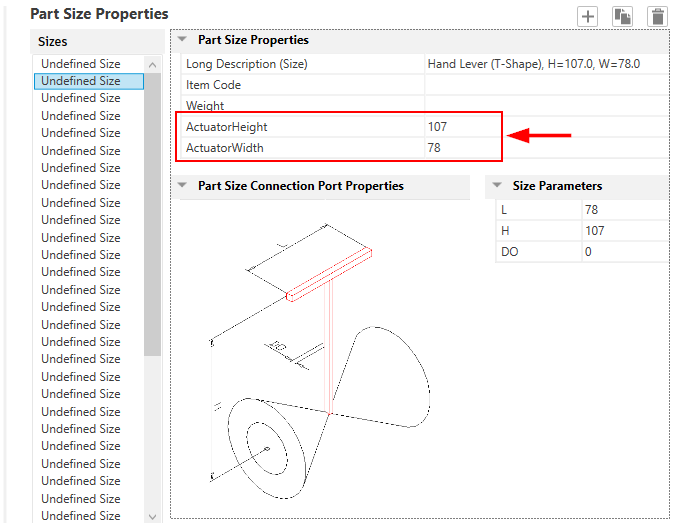 アクチュエータの高さと幅を上書き]オプションが、AutoCAD Plant 3D