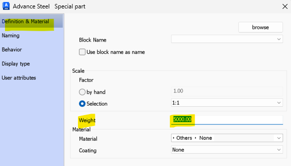 How to add actual weight of Special Parts inserted into Advance Steel model
