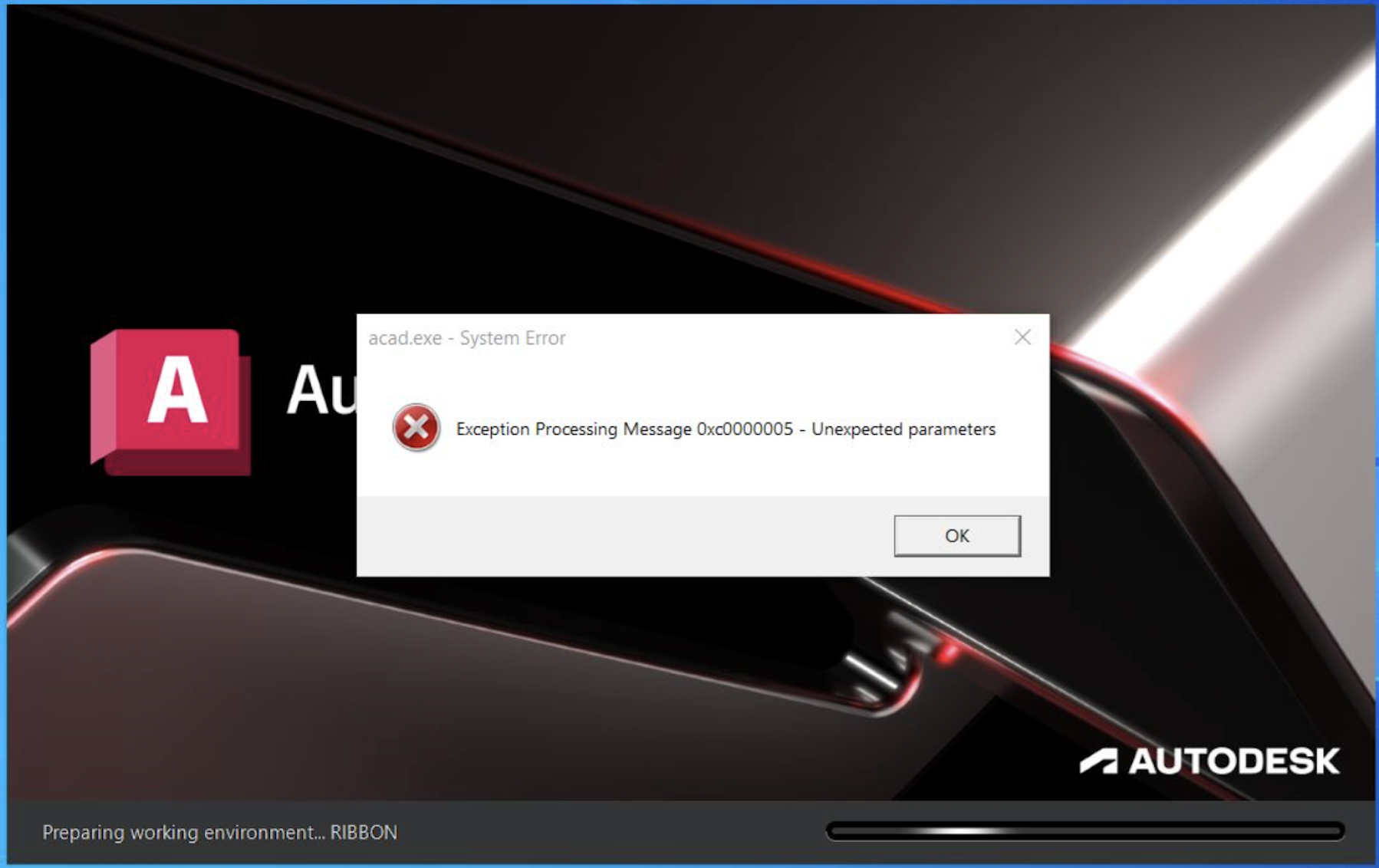 製品の起動時に「Exception Processing Message 0x0000005