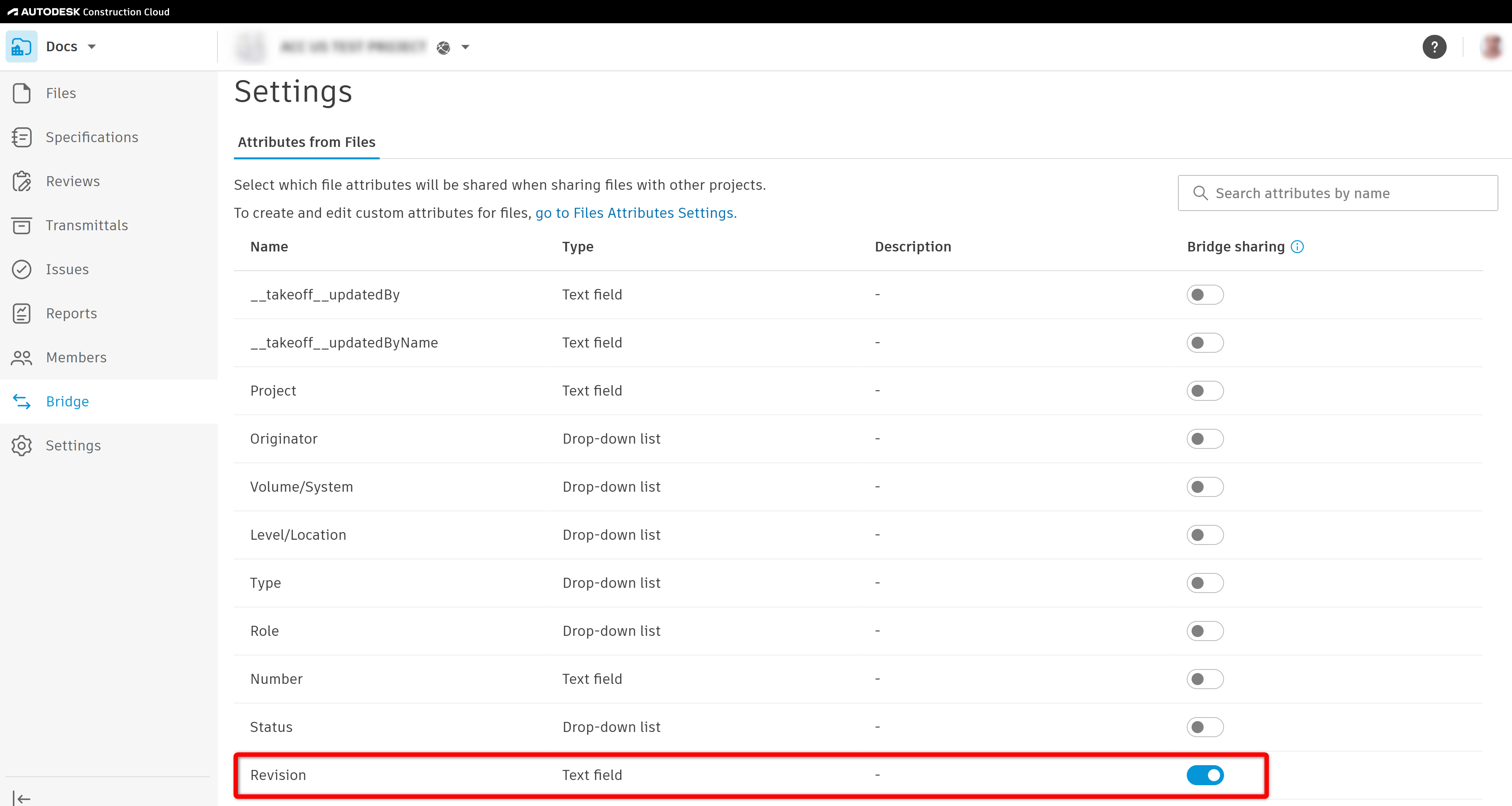 Revision number is not copied over to bridged project in ACC