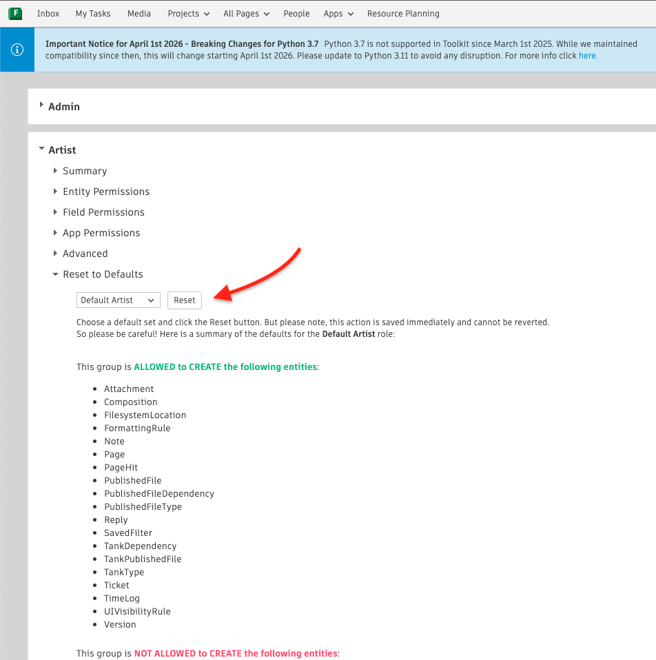 Flow Production Tracking で権限グループに対する権限の変更を元に