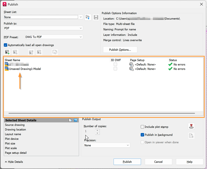 AutoCAD 製品の PUBLISH[マルチシート DWF パブリッシュ]コマンドで