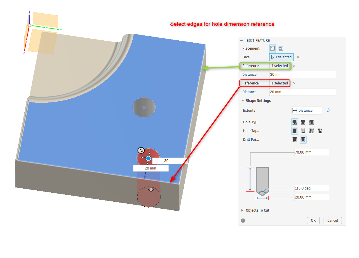 How to place holes on a specific point in Autodesk Fusion
