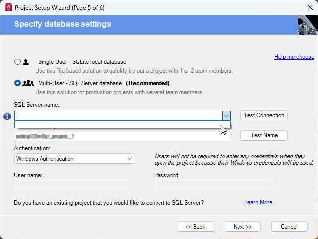The SQL Server Instance name list is blank when creating an AutoCAD ...