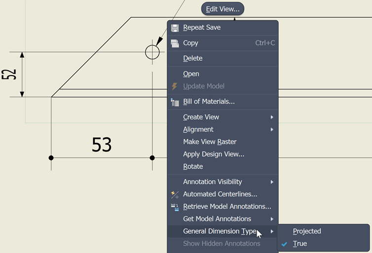 Dimension on a specific drawing view seems to be 3D instead of parallel ...