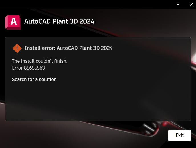 Install error. The install couldn't finish. Error 85655563 when installing  AutoCAD products