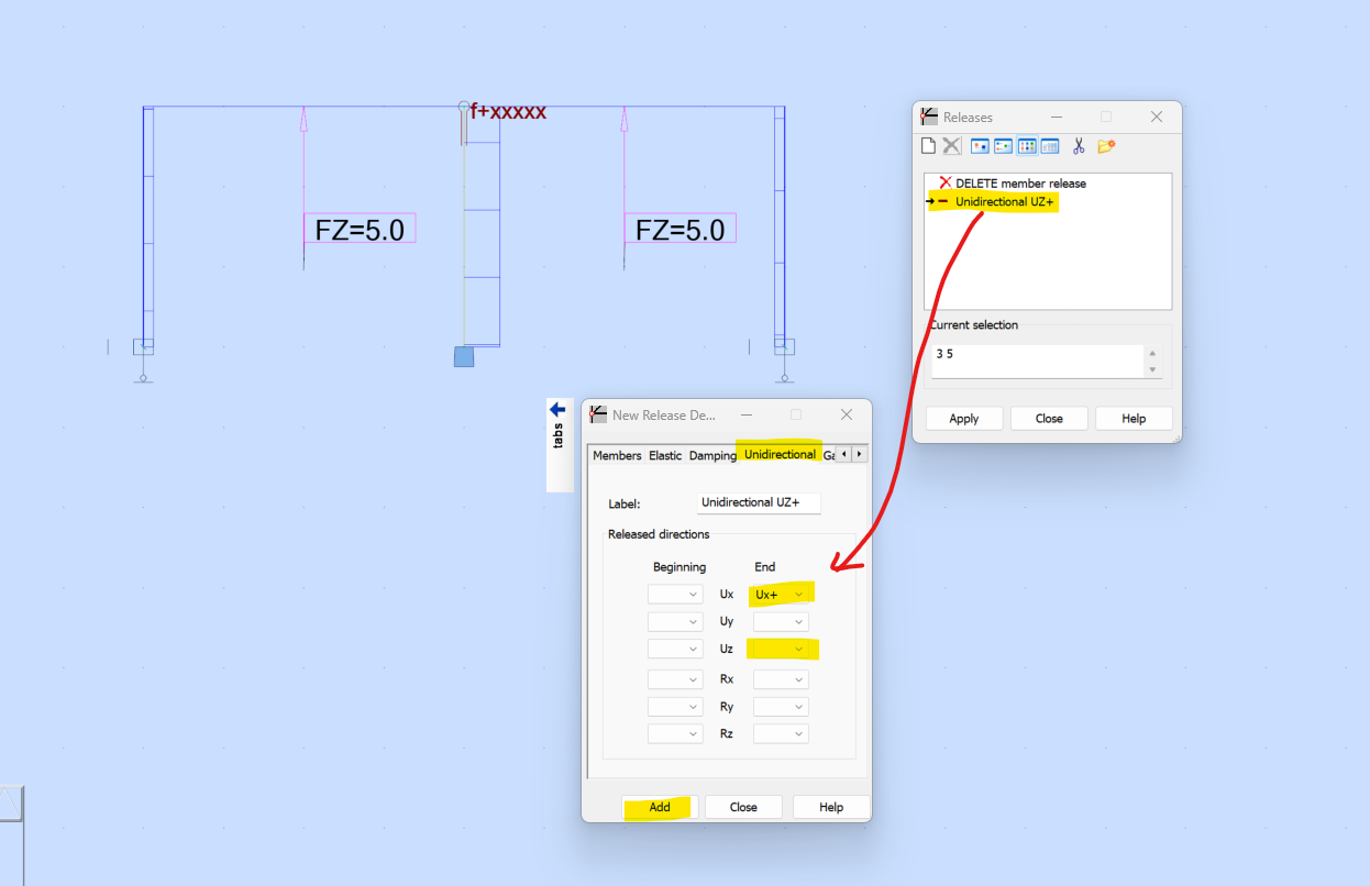 Member with unidirectional release defined in UZ+ direction does not ...