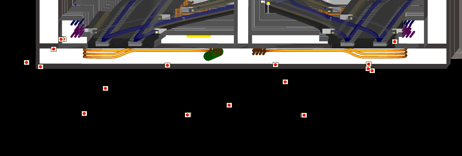 Clash symbols from Clash Detective are displayed in the model in Navisworks