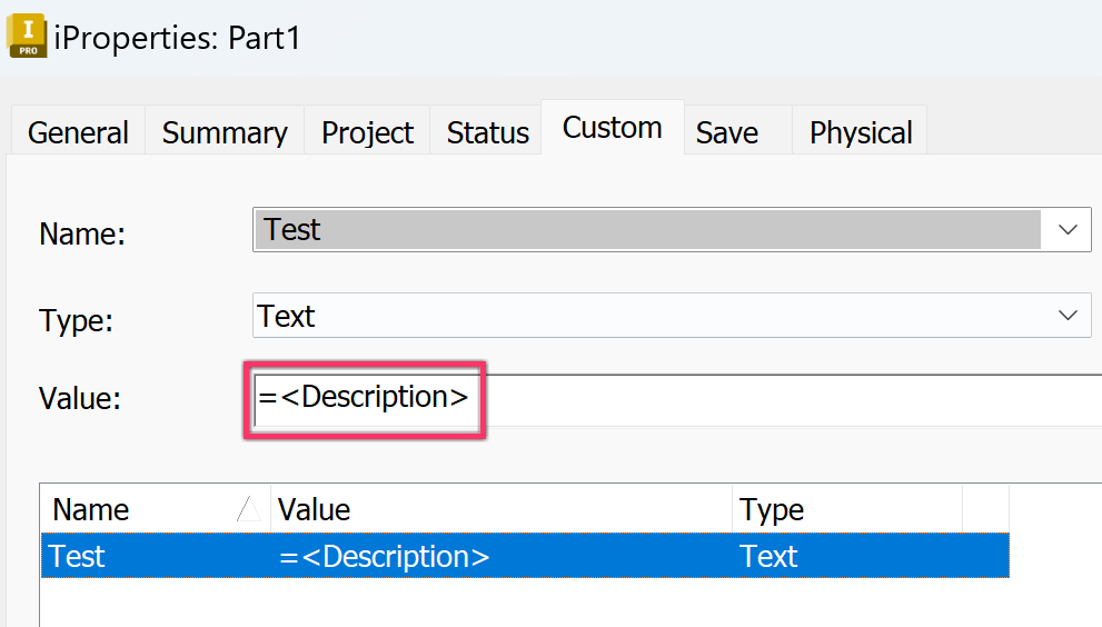How to link custom properties to standard properties in Inventor?