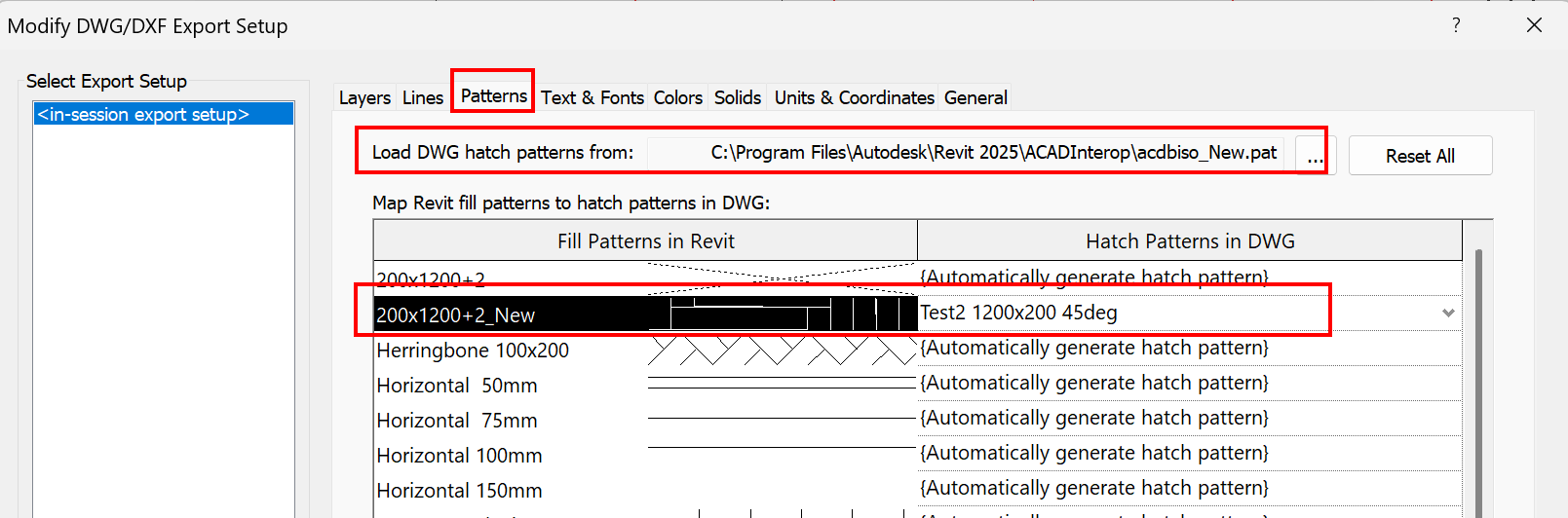 Different, incorrect hatch pattern in DWG exported from Revit