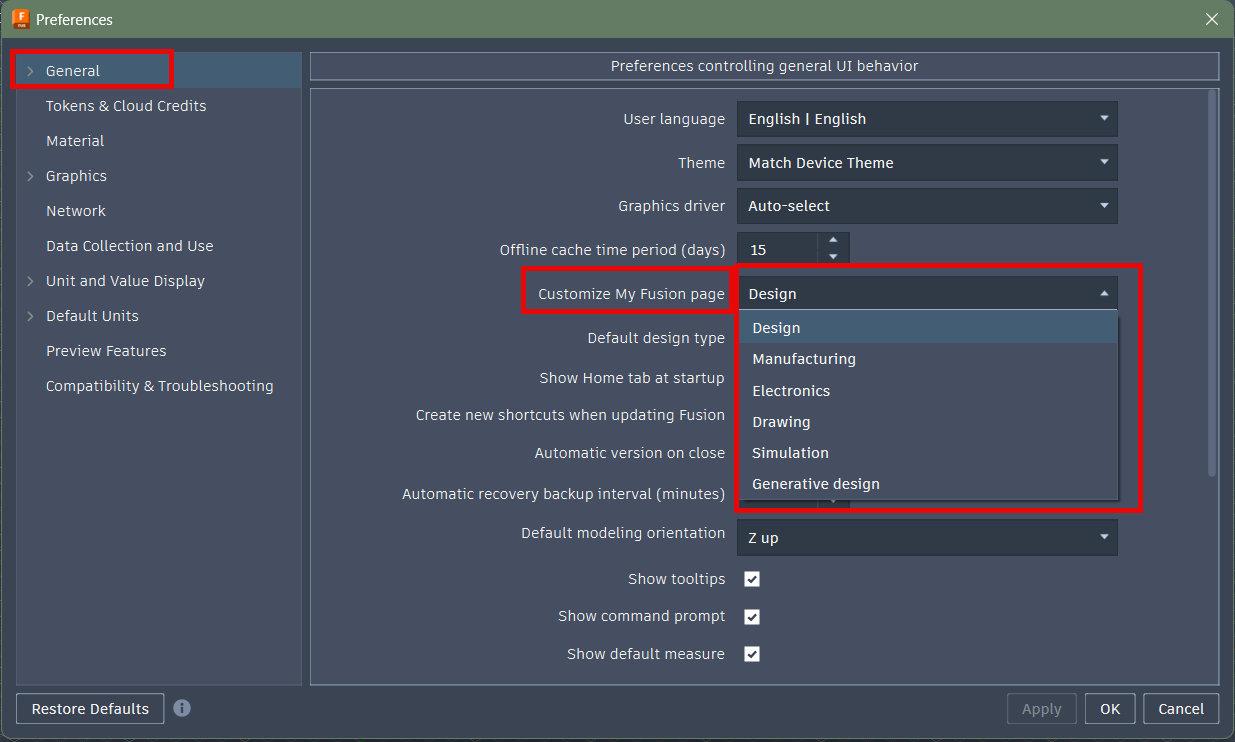 How to change the default design document type during Fusion startup