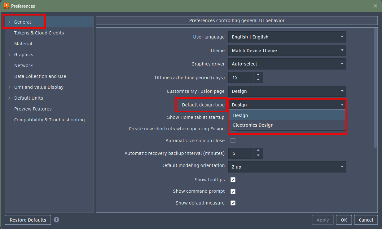 How to change the default design document type during Fusion startup