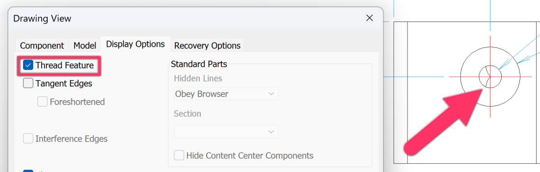 The thread feature does not display in drawings in Inventor 2024.4.1
