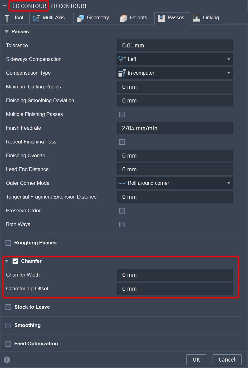 "Warning: Empty toolpath [...]" for 2D Chamfer toolpath in Autodesk Fusion