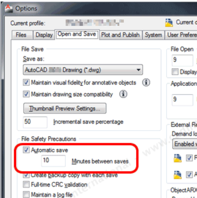 Automatic save setting in AutoCAD OPTIONS.