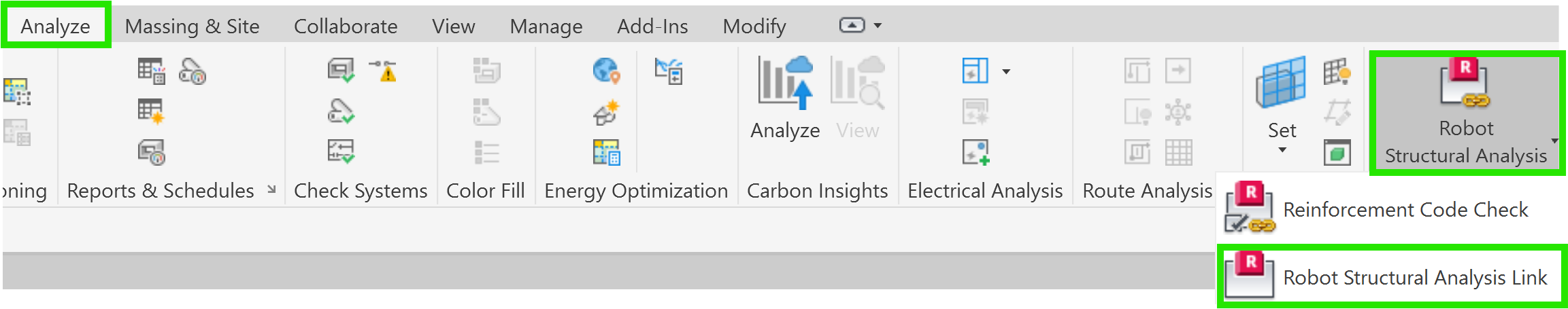 Click on Manage tab, then click on Robot Structural Analysis button and select the "Link" option
