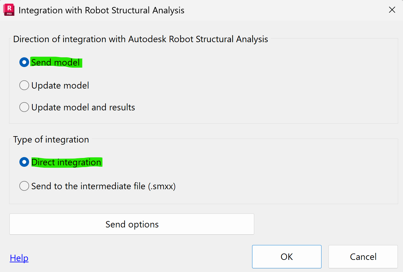Select "Send model" and "Direct integration" options
