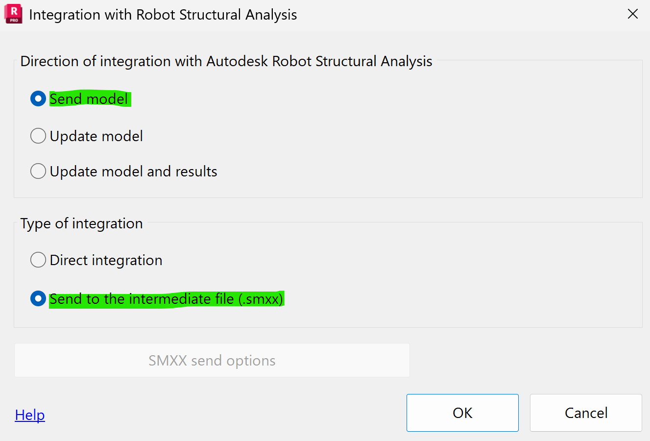 Select "Send model" and "Send to the intermediate file (.smxx)" options