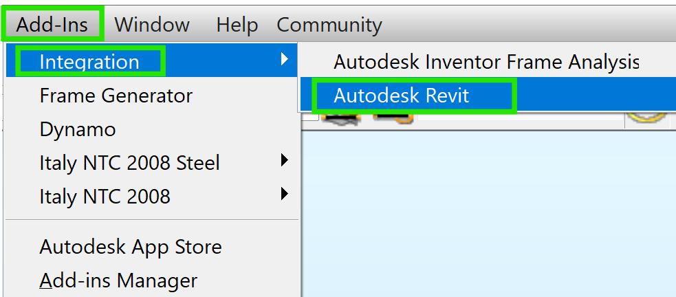 In a new Robot file, click on the Add ins menu > Select "Integration" and "Autodesk Revit"