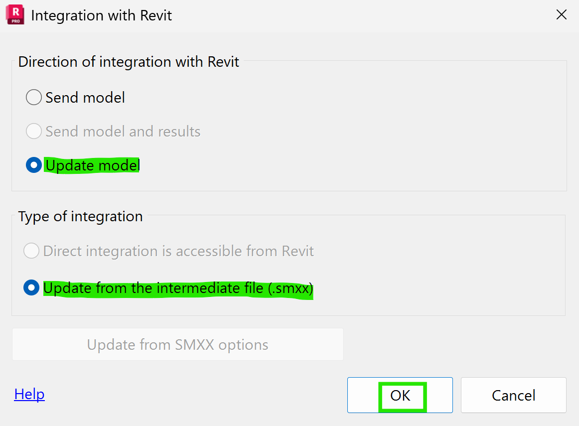 Select "Update model" and "Send to the intermediate file (.smxx)" options