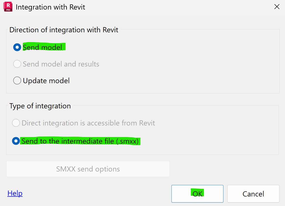 Select "Send model" and "Send to the intermediate file (.Smxx)" and click OK