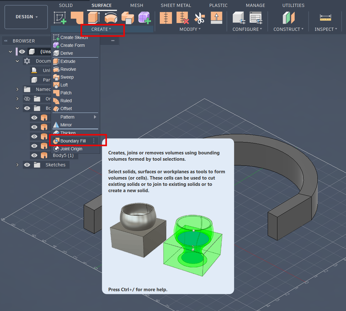How to convert a surface body to a solid body in Autodesk Fusion